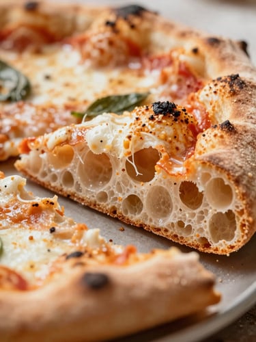 Extreme close-up cross-section of Neapolitan pizza crust showing airy crumb structure, north-facing daylight, tight macro crop, no people, no hands, no filters