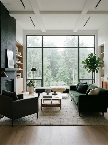 Architectural interior view of a luxury residential living room, crisp drywall lines, custom white oak millwork, natural overcast light coming through large windows