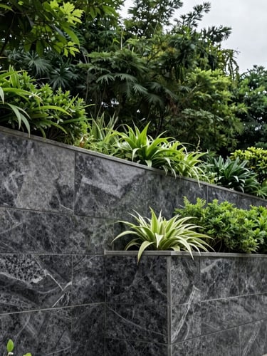 Architectural close-up of a finished granite retaining wall integrated with lush forest green plantings, soft overcast daylight, sharp focus.