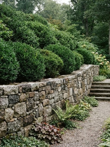 Architectural photography of a hand-laid granite retaining wall integrated with lush manicured boxwoods, soft overcast daylight, rich forest greens, 35mm