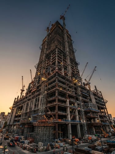 Wide panoramic shot of a modern, high-rise building under construction, showing steel beams and concrete against a clear sky, low-angle golden hour light, deep charcoal and desaturated gold tones, ultra-wide lens, sharp focus