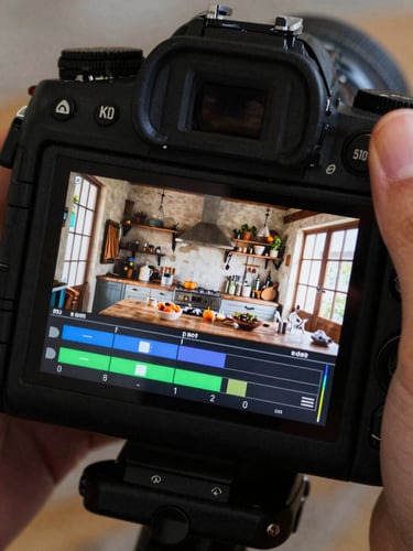 An over-the-shoulder shot of a digital camera screen displaying a color-grading timeline of a rustic kitchen scene