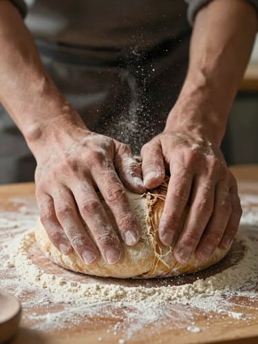 Extreme close-up of hands kneading sourdough on a floured wooden table, side-lit by soft morning light, flour particles suspended in the air.