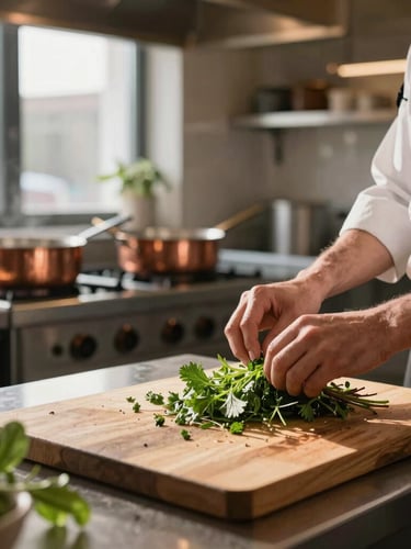 Wide environmental shot of a Scandinavian-style restaurant kitchen in the morning, soft natural side-light illuminating a chef's hands prepping fresh herbs on a wooden worktable, out-of-focus copper pans in background.