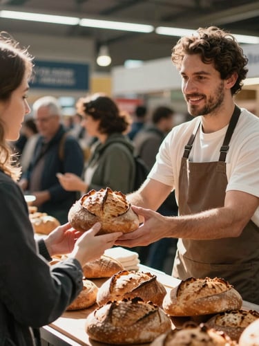 A portrait shot of a bustling modern food market hall, natural side light, showing a vendor handing a fresh sourdough loaf to a customer.