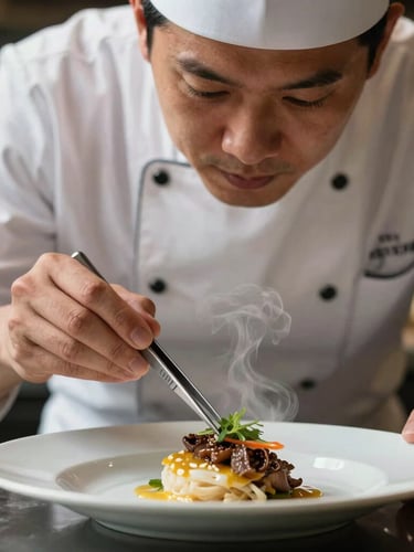 A close-up portrait of a chef carefully plating a dish with tweezers under soft side-lighting, steam gently rising