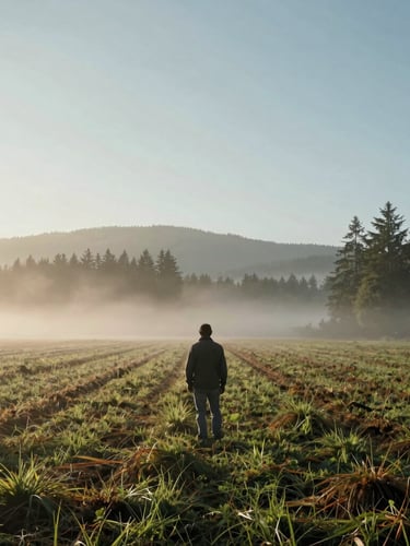Wide environmental shot of a farmer in a misty Pacific Northwest field at dawn, low-contrast natural side-lighting, soft Scandinavian winter morning vibe.
