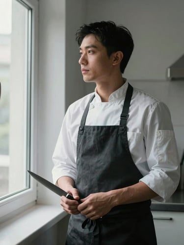 A portrait shot of a chef standing quietly by a window in a clean, minimalist kitchen, holding a steel knife, soft side-lighting, moody shadows.