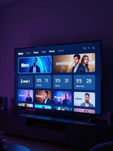 Moody dark-mode photography of a glowing smart TV interface in a dark modern living room, displaying a sleek channel guide with neon blue ambient lighting, shallow depth of field, 35mm