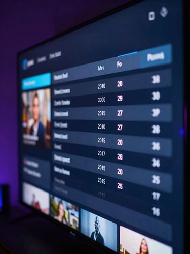 Tight macro shot of a sleek streaming interface showing a dark, neon-lit TV guide with schedules, shallow depth of field, 35mm
