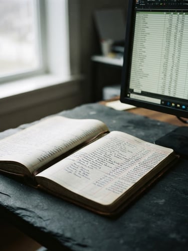 Macro close-up of a physical ledger book lying open on a dark slate desk beside a glowing monitor showing raw spreadsheet data, moody overcast window light, 35mm lens