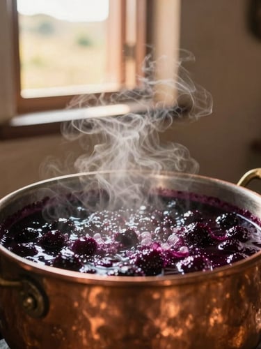A traditional copper pot bubbling with deep purple jabuticaba jam, steam rising softly, captured in a rustic colonial kitchen with golden hour sunlight streaming through a window, warm editorial photography