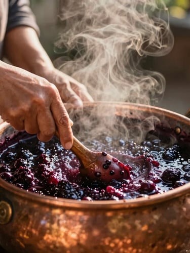 Hands of an artisanal woman producer stirring a bubbling deep purple jabuticaba jam in a traditional heavy copper pot, warm golden-hour steam rising