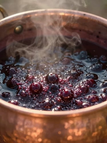 Close-up of bubbling dark purple jabuticaba jam in a large traditional copper pot, steam rising, warm golden hour light reflecting on the copper rim, editorial style.