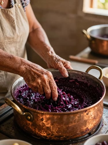 Hands of an elderly artisan woman stirring a deep purple fruit mixture inside a rustic copper pot, warm golden sunlight, authentic kitchen setting in Sabará.