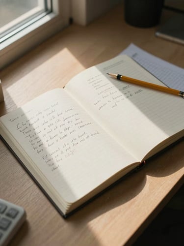 Wide environmental shot of an organized work desk from above, open notebook with handwritten notes, pencil resting on graph paper, warm natural window light raking across the surface from the left, muted warm tones
