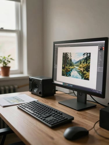 Wide environmental shot of an organized workspace, a monitor showing a finished design deliverable in the right foreground, natural daylight from a side window, muted warm tones, no people