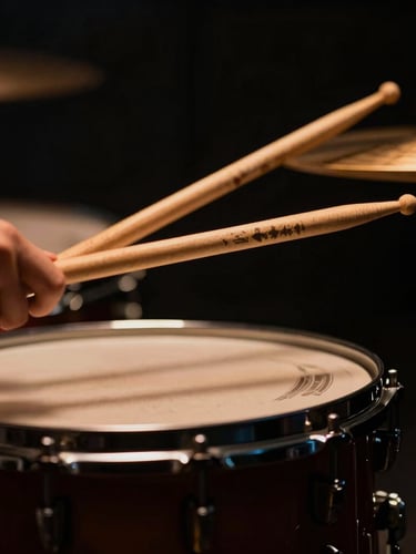 Tight macro shot of drum sticks hitting a snare drum, moody studio lighting, warm amber rim light, high contrast, 50mm lens