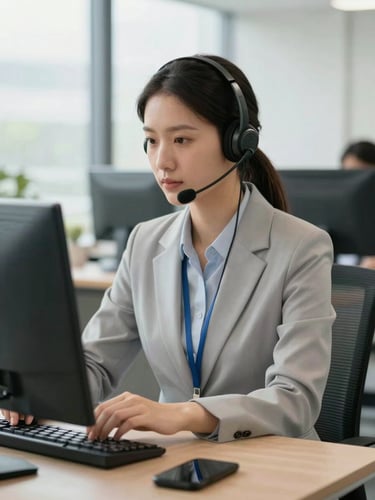 Medium shot of a focused professional agent in a clean, modern workspace using high-quality headsets, bright natural office daylight.