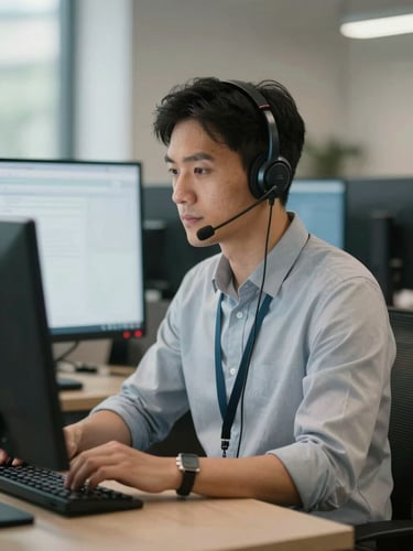 Medium shot of a focused bilingual agent with a high-quality headset working in front of dual monitors, natural office lighting, professional atmosphere.