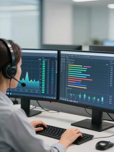 Medium over-the-shoulder shot of a focused bilingual agent wearing a professional headset, analyzing real-time conversion metrics on dual monitors in a clean, modern corporate workspace, bright cool-toned lighting.