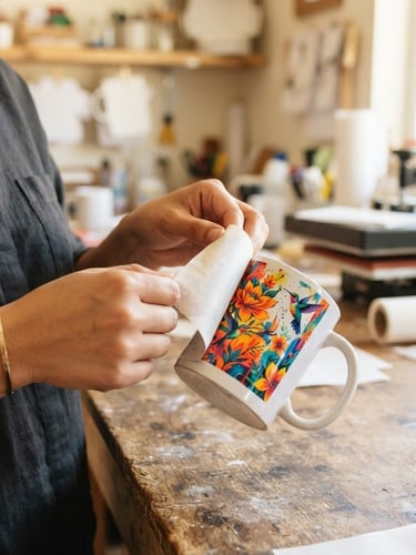 Manos de una persona latina pelando cuidadosamente un papel de sublimación para revelar un diseño vibrante en una taza blanca, en un entorno de taller casero limpio y cálido con luz natural, enfoque en las manos y la taza, shallow depth of field.