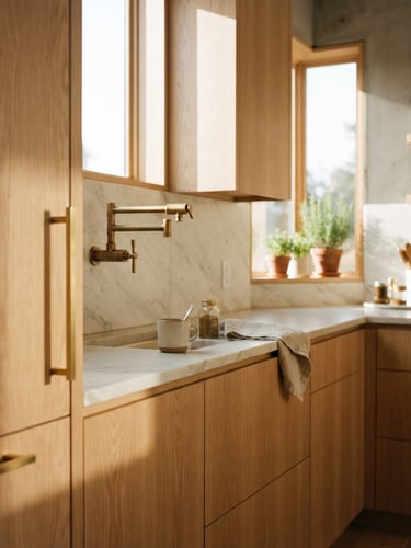 Architectural detail of a sunlit modern kitchen, warm morning light casting soft shadows on white oak cabinetry and brass fixtures, editorial 35mm photography