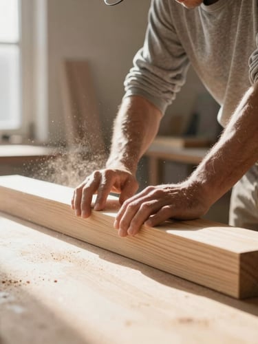 A master carpenter in a sunlit workshop, dust particles visible in morning light beams, hand-planing a large oak beam, warm neutral tones, 35mm