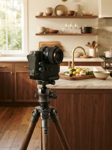 Warm editorial photography of a modern sunlit kitchen, a professional mirrorless camera on a wooden tripod in the foreground, shallow depth of field, 35mm