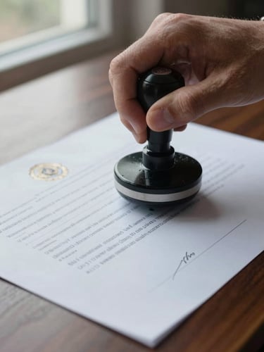 Hands pressing an official government seal stamp onto a certification document, close-up framing showing ink detail and paper texture, overcast natural daylight from a side window, dark wood desk surface visible at edges