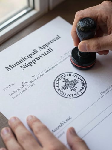 Extreme close-up overhead flat-lay of a stamped municipal approval document, official circular ink seal pressed onto paper, hands resting at edge of frame, natural window light from left, crisp detail on stamp text and signature lines
