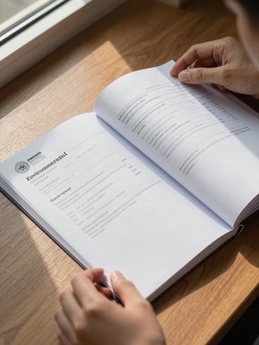 Close-up overhead flat-lay of environmental inspection report sheets and official agency stamps on a wood-grain desk, hands in frame turning a page, natural window light from the left casting soft shadows across the document stack