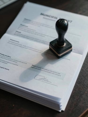 Extreme close-up overhead flat-lay of stacked official municipal permit folders with visible index tabs and a rubber stamp resting on top, natural window light casting soft shadows across the documents, cool-toned paper surfaces on a dark desk