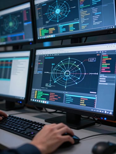 Close-up of a security operations console showing network topology and alert feeds, cool blue ambient light from multiple screens, analyst's hand on a mouse, forensic detail on screen