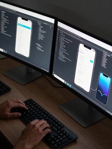 Tight overhead shot of a developer's workstation with two monitors displaying mobile UI code, cool studio lighting, keyboard and annotated device in frame, no faces