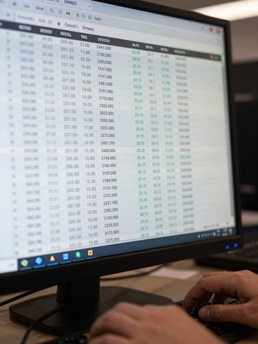 Extreme close-up of a financial trading terminal screen showing order-book data, cool white monitor glow, sharp text rows in focus, operator hands partially visible at keyboard edge