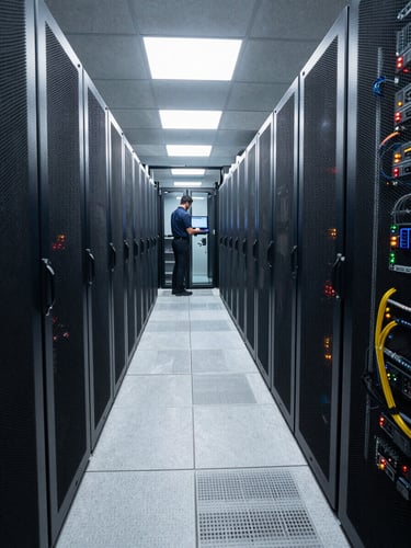 Wide-angle view of a secure government data centre corridor, rows of black server racks under cool fluorescent light, a single engineer in the far distance reviewing a terminal screen, forensic detail on cable management and indicator LEDs