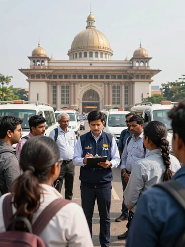 Ground-level perspective of an international tour group arriving at a Bangalore landmark — a TVA guide in a branded jacket consulting a clipboard with group members in the foreground, vehicles visible in the background, bright natural daylight, operational rather than posed