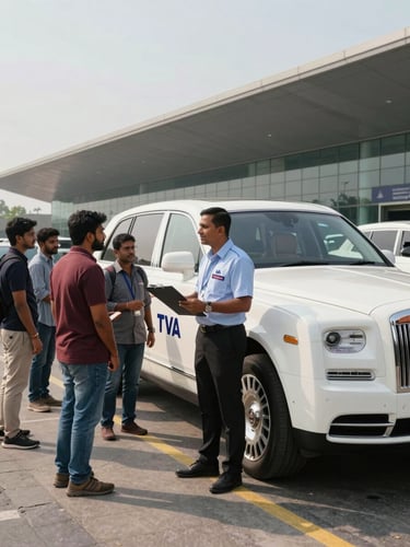 Ground-level wide shot of a TVA coordinator standing beside a white luxury coach at a Bangalore airport drop-off zone in clear morning daylight — clipboard in hand, speaking with a small group of international travelers, airport terminal facade visible in the background, fleet livery partially visible on the vehicle door