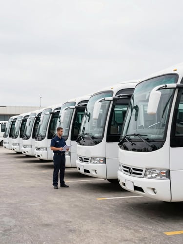 Wide environmental shot of a fleet coordinator standing beside a line of white luxury coaches in a hotel forecourt, clipboard in hand, bright overcast daylight, vehicles clean and ready for departure, operational scale visible across the full width of the frame