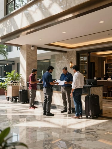 Wide environmental shot of a modern Bangalore hotel lobby entrance in bright natural daylight — a TVA ground coordinator reviewing printed itineraries with two international clients near the reception desk, luggage trolleys visible to one side, polished marble floors reflecting overhead skylights, operational context evident