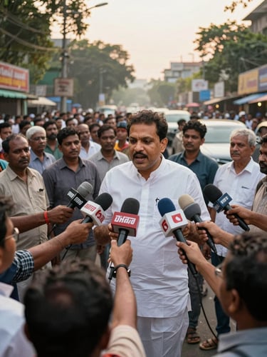 Wide environmental shot of a Dhaka street intersection at golden hour, a prominent political figure in mid-speech surrounded by press reporters holding microphones, documentary framing, natural daylight, crowd visible in background blurred
