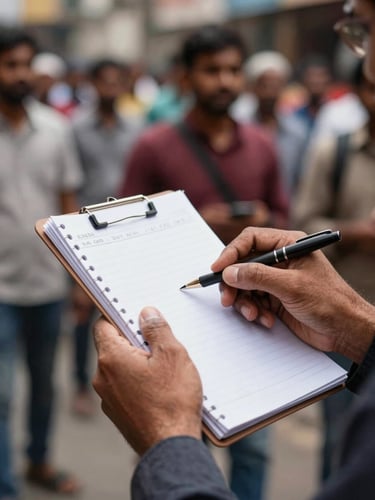 Close-up of a Bengali journalist's hands holding a notepad during a street interview, natural daylight from the left, blurred crowd visible in the background, documentary style, shot for evidence not decoration