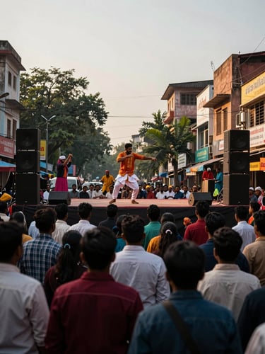 Wide street scene in Dhaka or Kolkata during a cultural festival—a performer mid-motion on an outdoor stage, crowd gathered in the foreground, golden hour light, documentary evidence-style framing, no staging