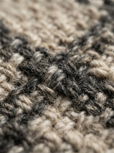 Macro extreme close-up of heavy-gauge weave structure, undyed wool threads in oatmeal and charcoal tones, soft north-facing window light casting deep shadows, shallow depth of field, 35mm