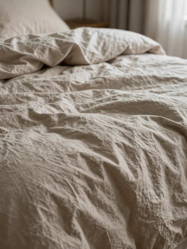 A crumpled, unmade bed layered with a heavy-gauge oatmeal bed quilt and bone linen sheets, soft morning light, shallow depth of field