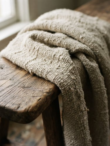 Macro detail shot of a heavy-gauge organic linen blanket draped over a rustic wooden bench, soft side window light, shallow depth of field