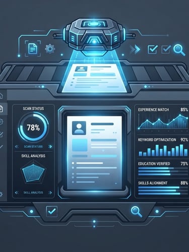 Sleek digital product illustration of an ATS resume scanner interface, dark slate gray background, glowing electric blue highlights, clean geometric vector style