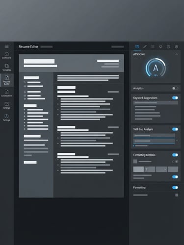 Sleek digital product illustration of a dark mode resume editor interface, showing structured slate gray panels, clean white typography blocks, and a subtle electric blue accent highlight on an ATS score indicator, 16:9 aspect ratio, high-contrast vector style.