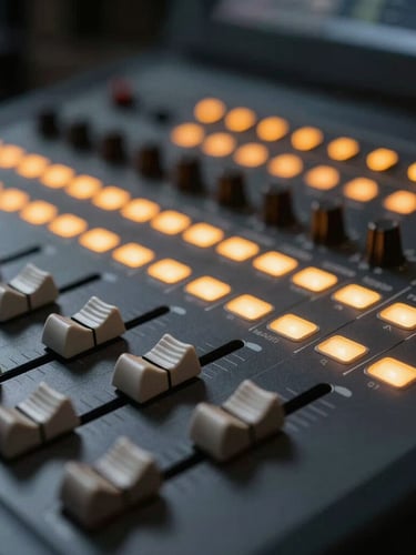 Extreme close-up of a technical AV control console in a dark venue, glowing amber LED indicators, sharp focus on faders, soft background blur.